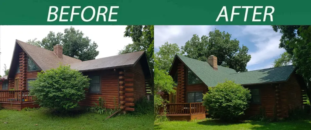 Before and after image of roof replacement project in Paris MO